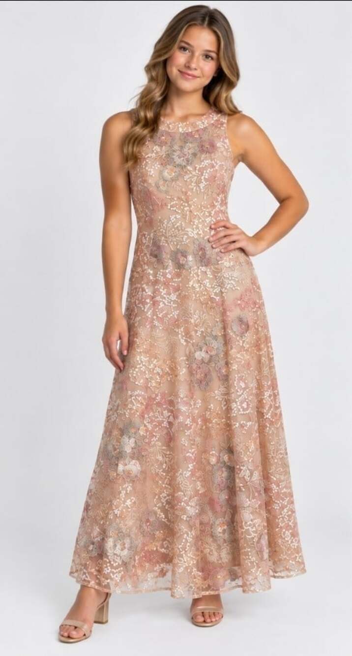 Marina Sequin Embroidered Sleeveless Cocktail Dress Halter Neck Large Nice D25